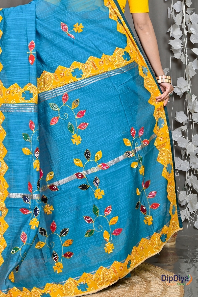 Sky Blue Cotton Blended Parik Applique Saree (331)